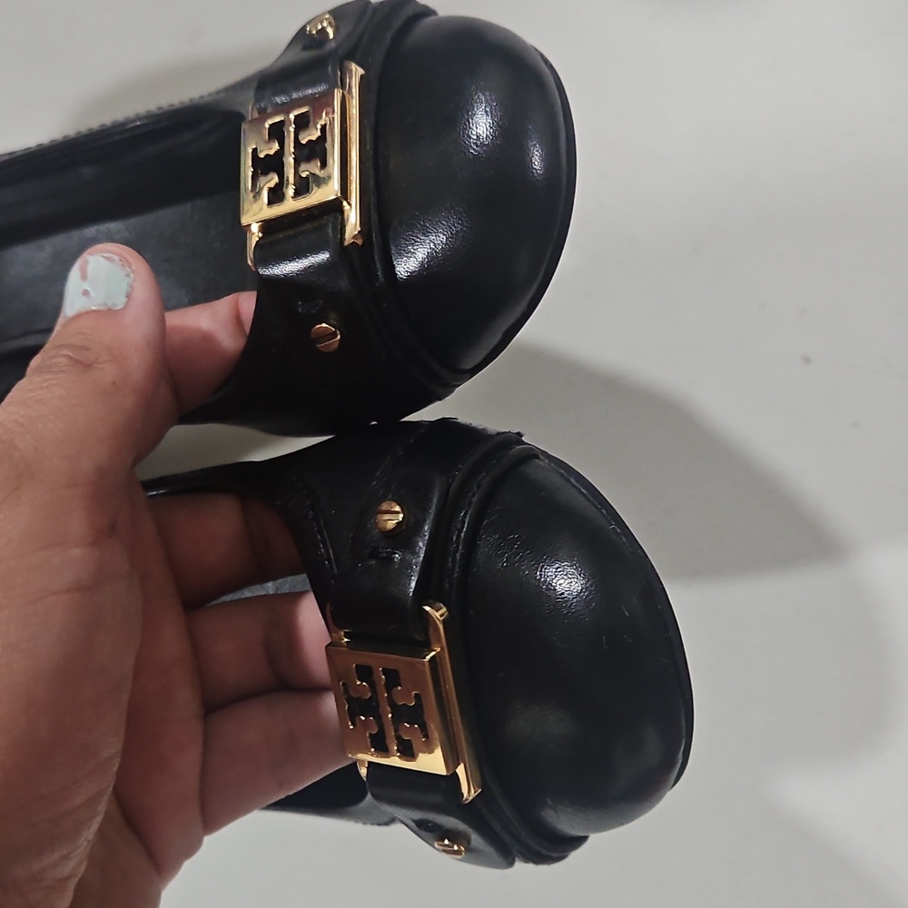 Tory Burch Black Leather Heels with Gold Accents - Picture 7 of 12